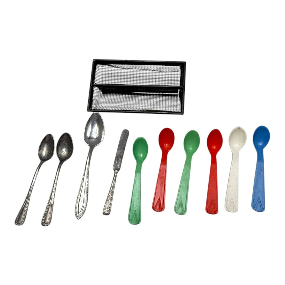 Vintage Dollhouse Miniature Kitchen Utensils Lot Metal Plastic Spoons Knife Tray